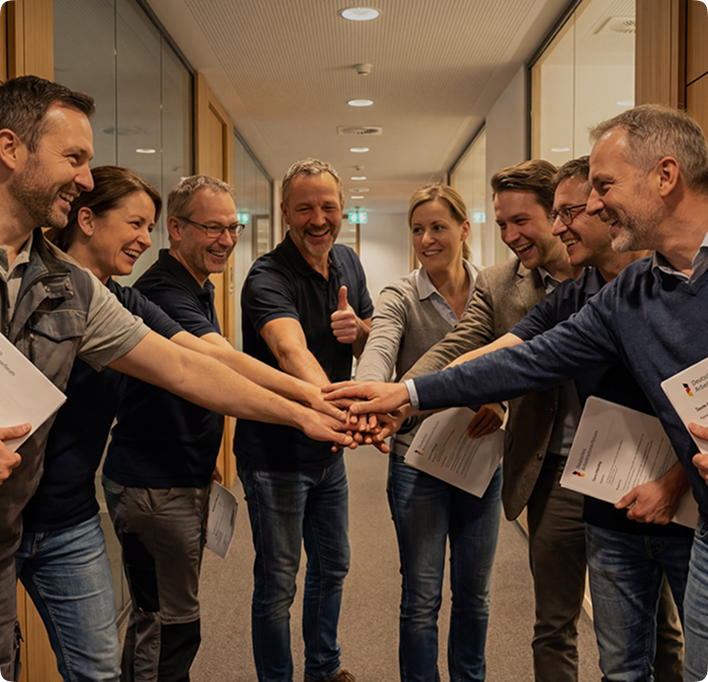 Team legt die Hände in der Mitte zusammen